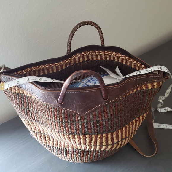 Handcrafted Brown and Tan Woven Tote Bag With Leather Handles - Picture 8 of 8